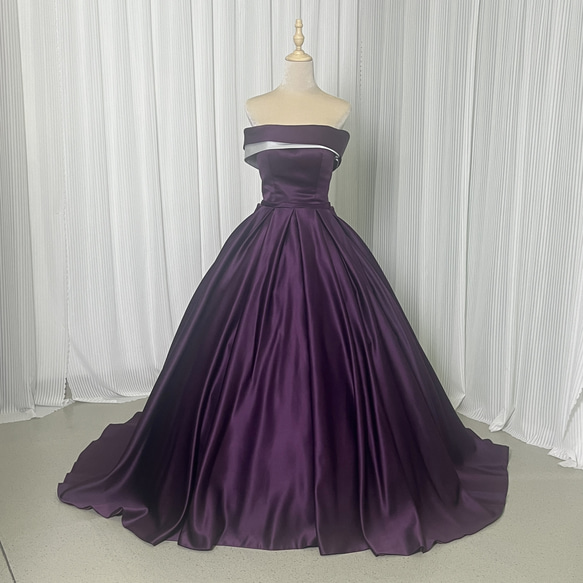 送料無料！カラードレス 光沢サテン パープル オフショルダー 披露宴  