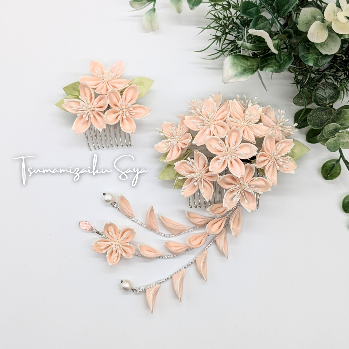 つまみ細工 髪飾り 成人式 前撮り 卒業式 白 桜 コーム さがり pnk-9
