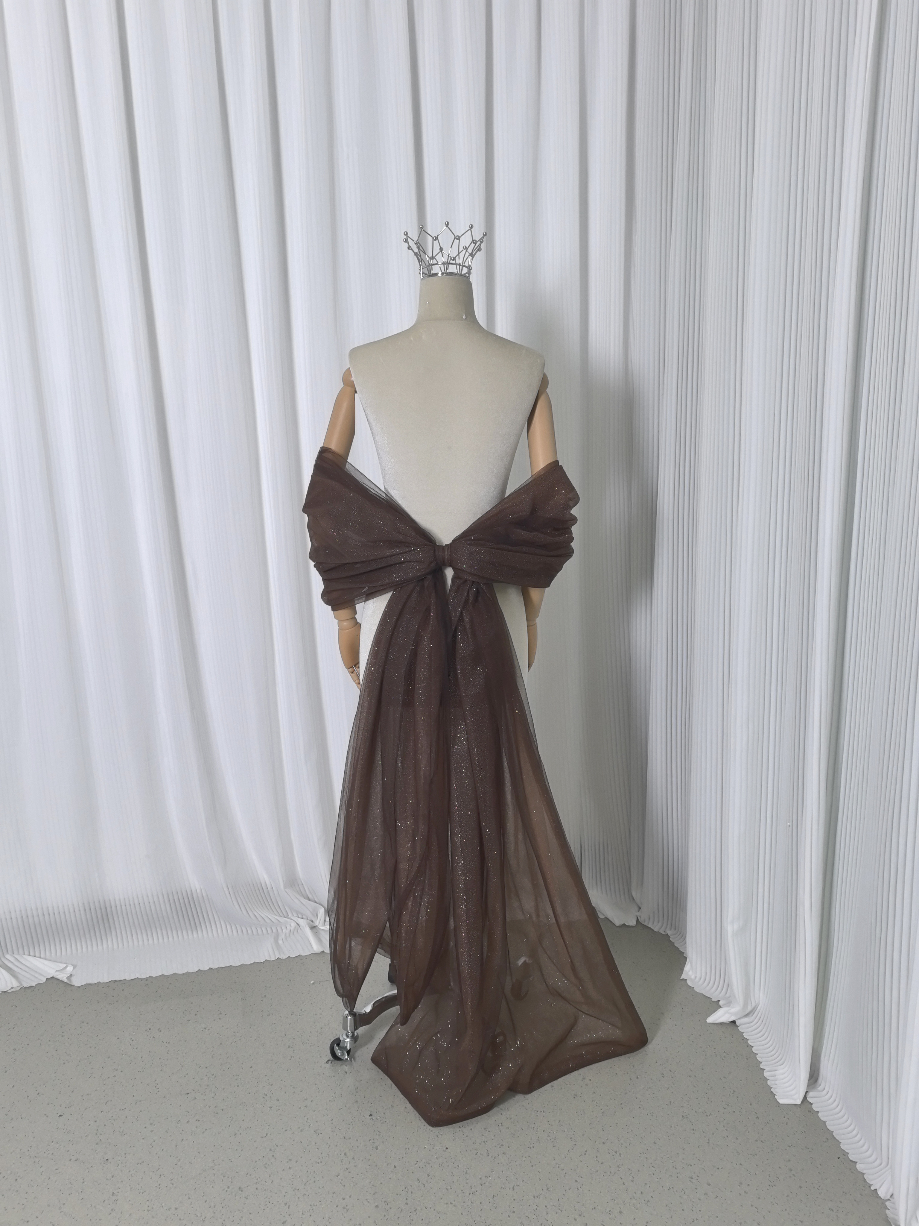 送料無料！ふっくら柔らかなバックリボン 姫袖 ブラウン キラキラグリッターチュール 花嫁 可愛い 結婚式