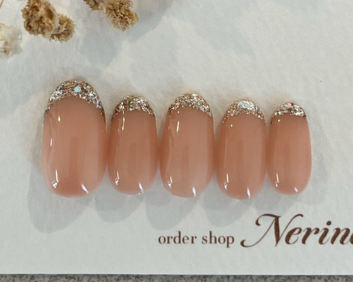 ガラスフレンチネイル ヌーディーピンク ネイルチップ（つけ爪） nail