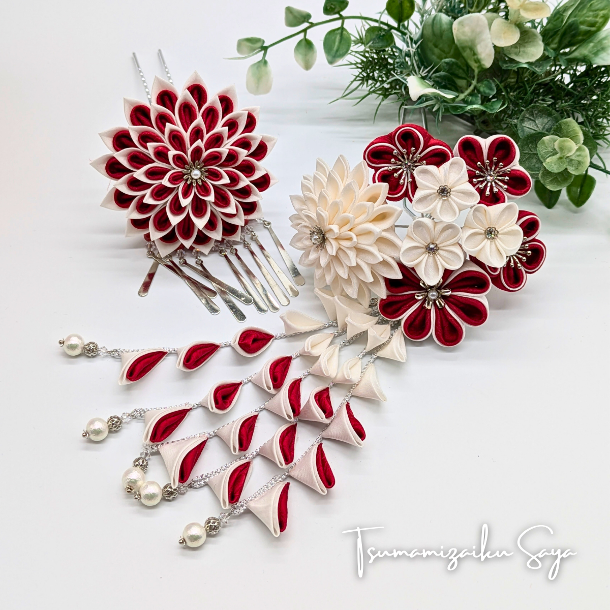 つまみ細工 髪飾り 成人式 前撮り 卒業式 白 赤 銀ビラ 簪 さがり二股かんざし red-7