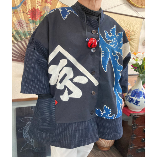 筒がきと蚊絣と紬の前開きリバーシブルジャケット 古布リメイク 