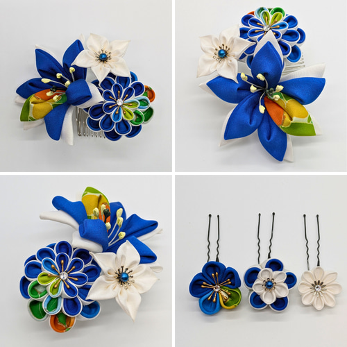 つまみ細工 髪飾り 成人式 前撮り 卒業式 白 青 Uピン コーム 百合 blu