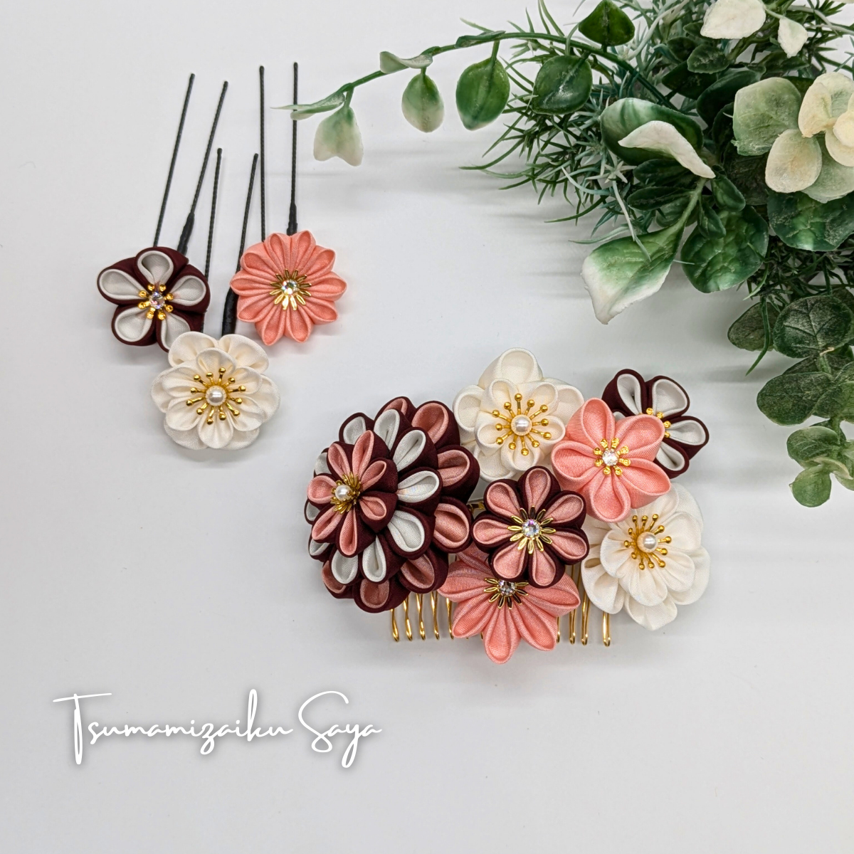 つまみ細工 髪飾り 成人式 前撮り 卒業式 白 赤 Uピン コーム red-13