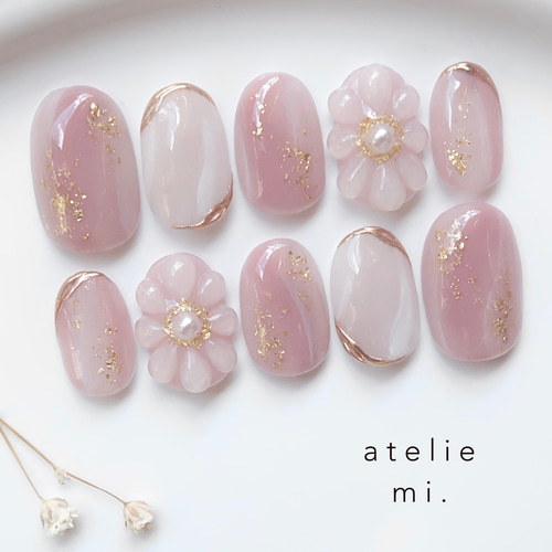 ネイルチップ　ニュアンスネイル　うるうる ちゅるん　ピンク　シンプル　ブライダル 選べるカラー♡うるうるフラワーのニュアンスネイルチップ*成人式