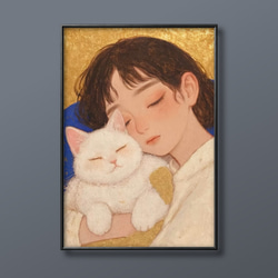 絵画。壁掛け絵原画手描き【ピンクのスカートを着て白い猫を抱いている