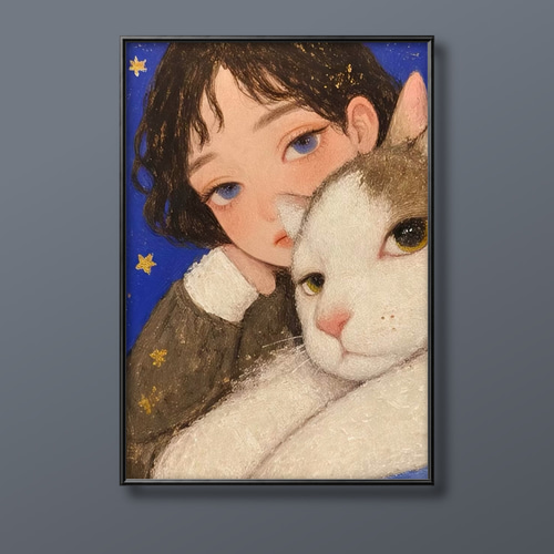 絵画 | イラストポスター 466☆ 【女の子とかわいい猫】 絵画 アカザ麦