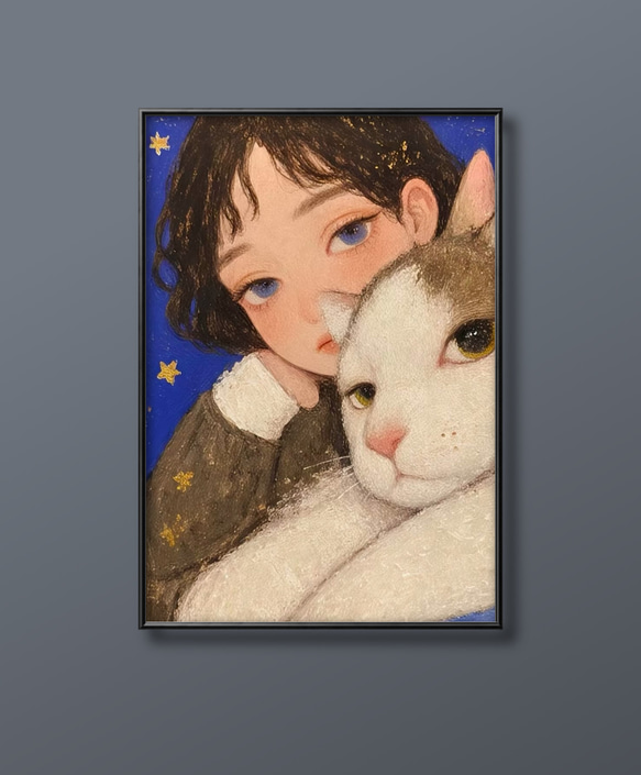 絵画 | イラストポスター 466☆ 【女の子とかわいい猫】 絵画