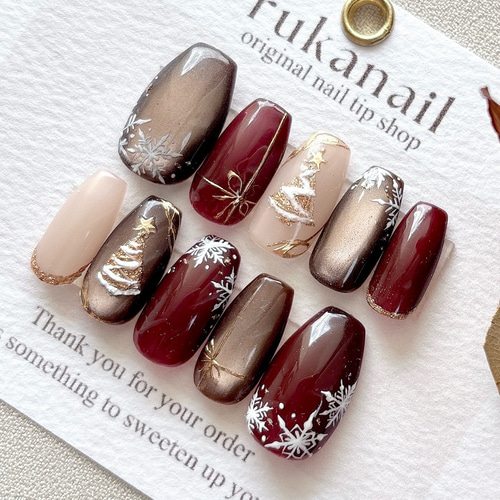 マグネット×ボルドー ネイルチップ クリスマス ツリー 冬 普段使い