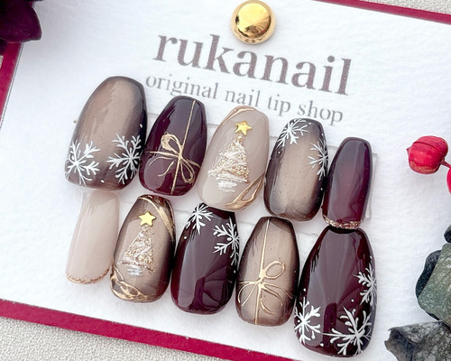 マグネット×ボルドー ネイルチップ クリスマス ツリー 冬 普段使い