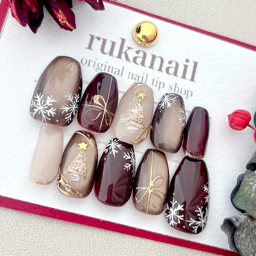 マグネット×ボルドー ネイルチップ クリスマス ツリー 冬 普段使い