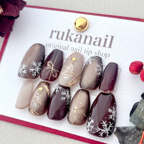 マグネット×ボルドー ネイルチップ クリスマス ツリー 冬 普段使い