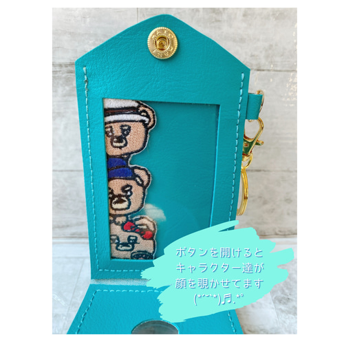 合皮】キャラクター刺繍 パスケース♬.*ﾟマリンブルー パス