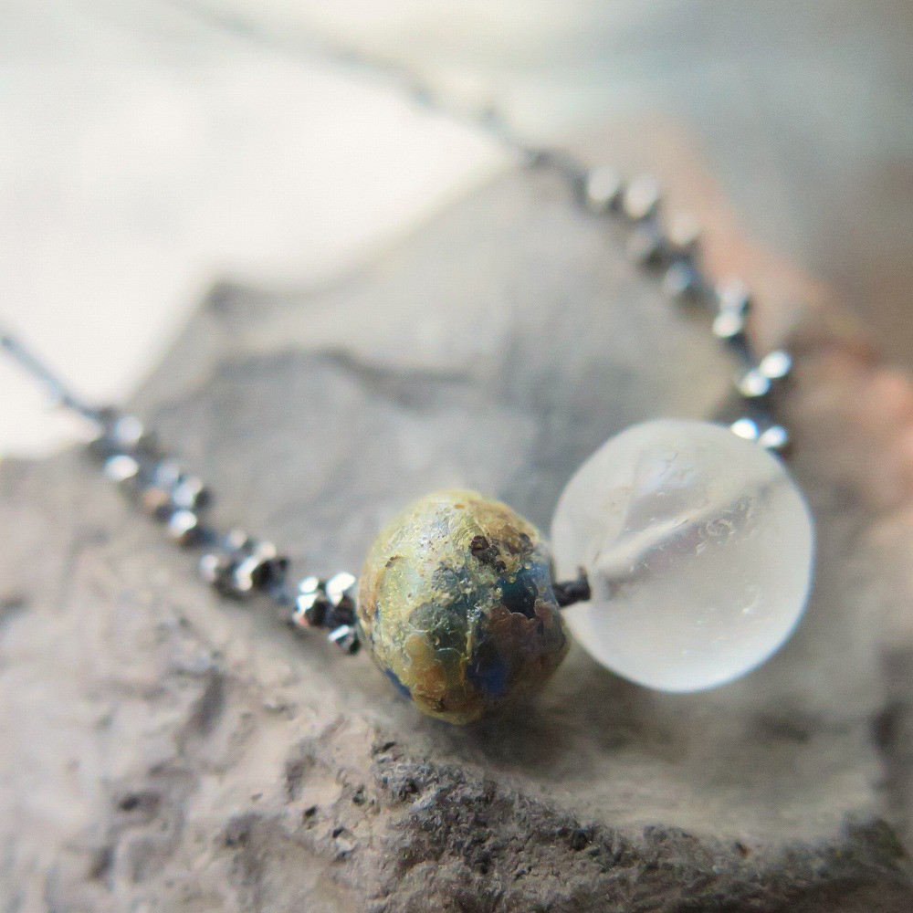 アンティーク　古代水晶　＋　ローマングラス　＆　インドパシフィックビーズ　ネックレス　千世 chitose