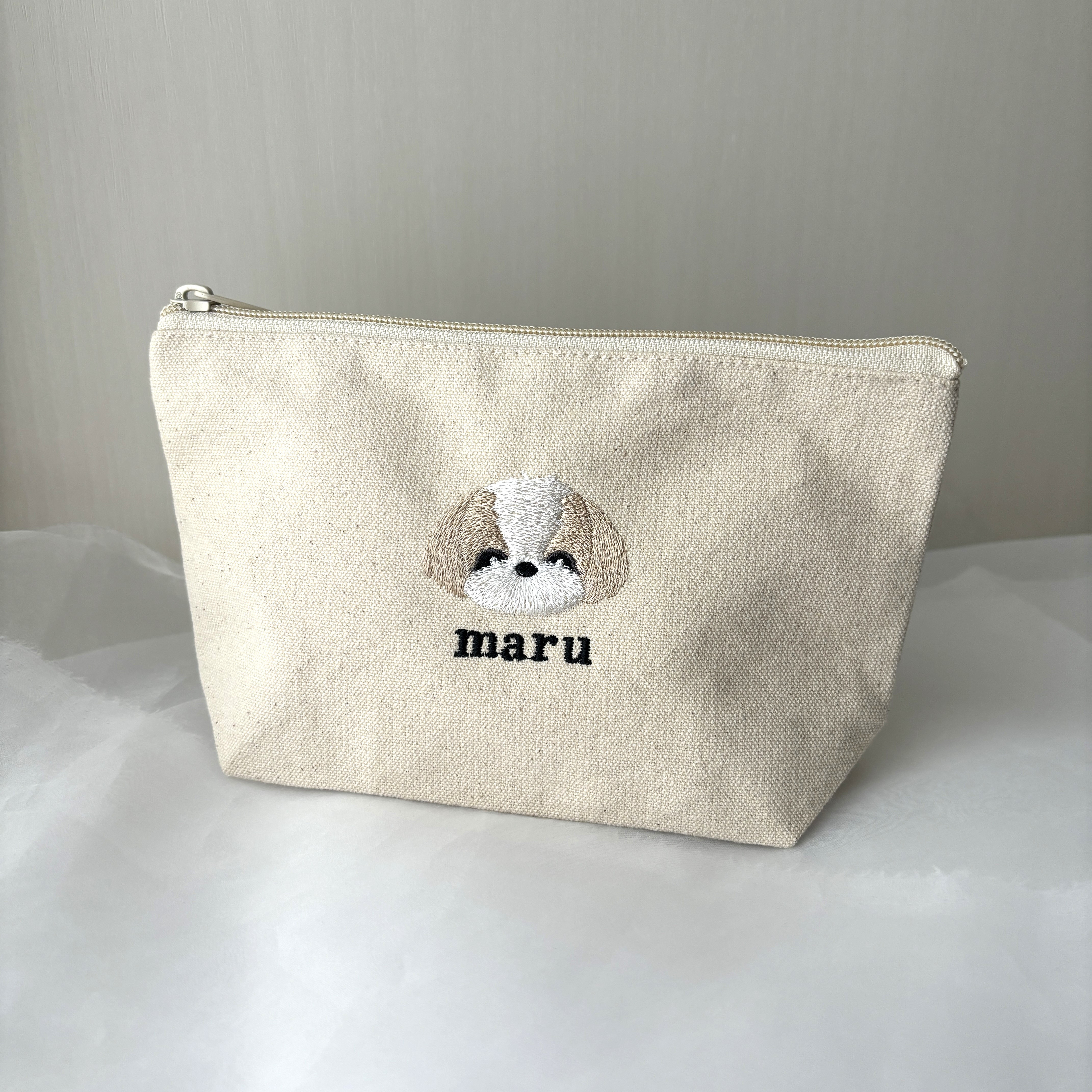 Enjeau 日本製 犬柄刺繍 メッシュ フラットポーチ プードル