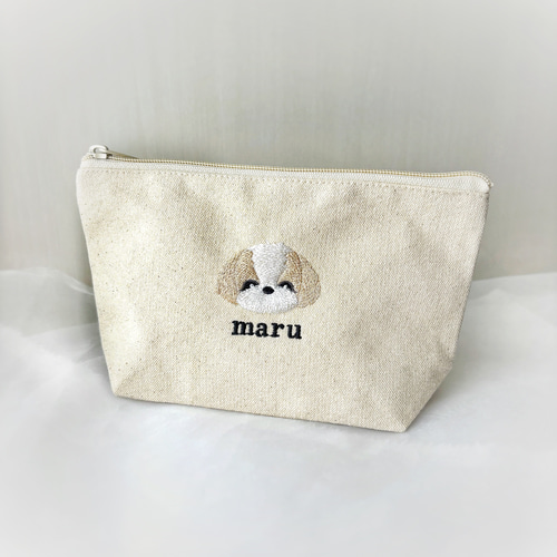 うちの子刺繍ポーチ（キャンバス）｜名入れOK＊やさしい犬モチーフの