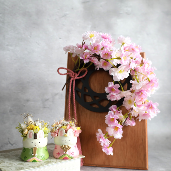 桜フレームリース＆うさぎのひな飾り】 桜 桜のリース フレーム