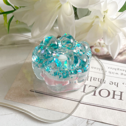 肉球 キーホルダー 天然石 レジン 水色 ラメ ハート 可愛い 名入れ