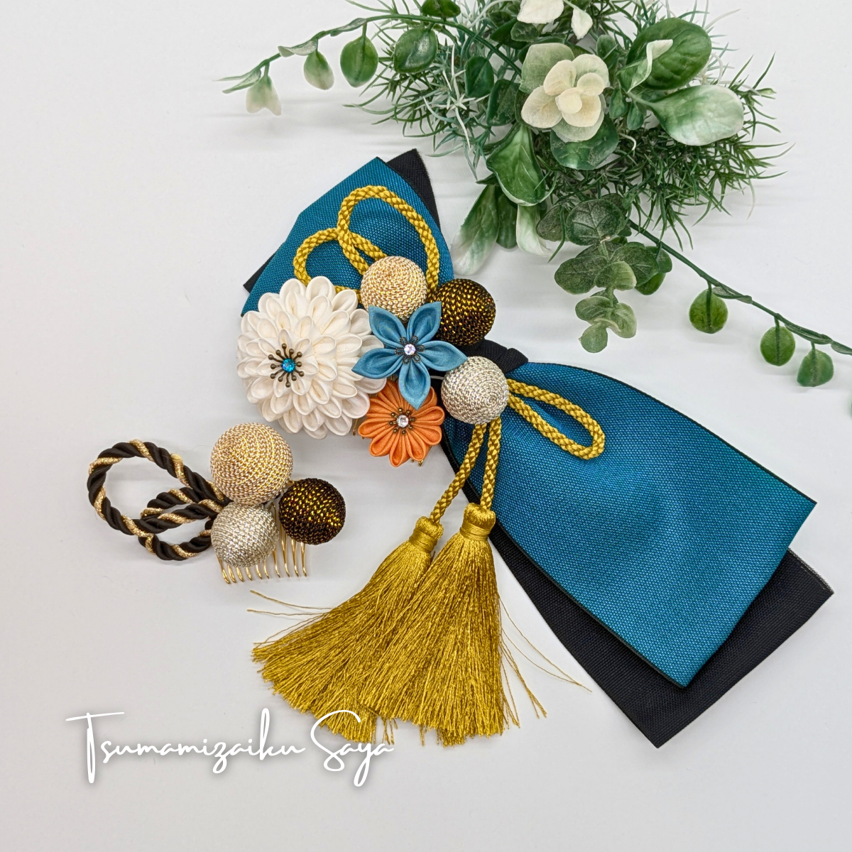 つまみ細工 髪飾り 成人式 前撮り 卒業式 白 青 緑 畳縁  コーム blu-14