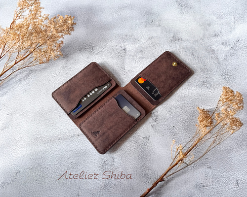 三つ折りカードケース 本革 ｲﾀﾘｱﾝﾚｻﾞｰ DarkBrown ダークブラウン