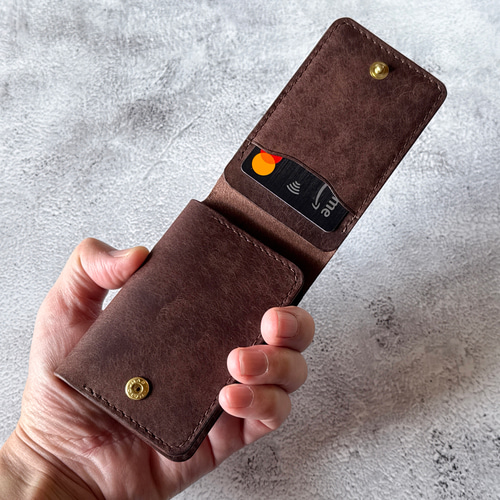 三つ折りカードケース 本革 ｲﾀﾘｱﾝﾚｻﾞｰ DarkBrown ダークブラウン 名刺