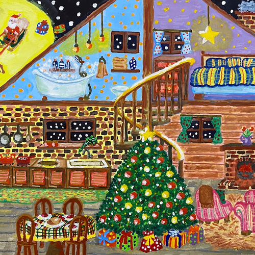 自作絵画（額入り）クリスマスver. 受注販売】クリスマスの家の絵 その他アート happy good arts