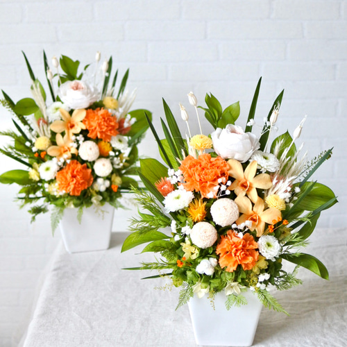明るいオレンジお供え花 プリザーブドフラワー仏花 高さ35㎝ 大きめ 幅