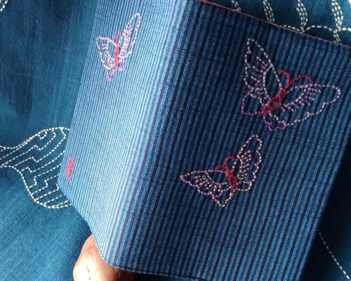 希少【三眠蚕紬】 証紙　正絹　部分刺繍　未使用　逸品❗️ 刺し子、春 蝶の雑記帳ノートカバー 会津木綿、昔の土佐紬、幸せの蝶