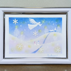 冬のパステルアート 天使舞う星と雪のホワイト・クリスマス パステル画
