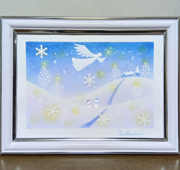 Xmas present ハンドメイドパステル画　絵画アート原画 冬のパステルアート 天使舞う星と雪のホワイト・クリスマス パステル画