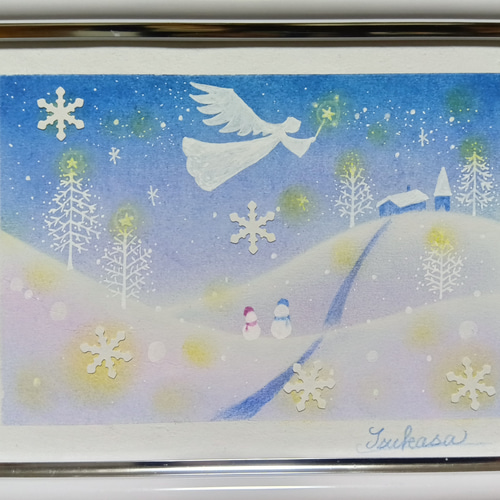 冬のパステルアート 天使舞う星と雪のホワイト・クリスマス パステル画