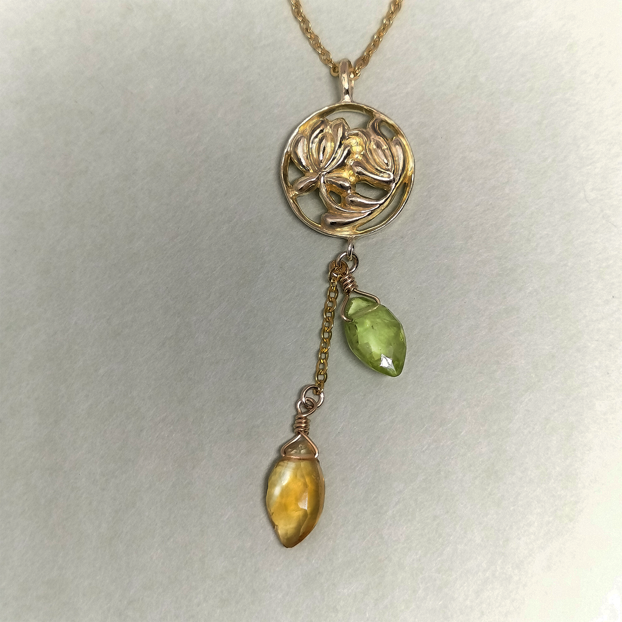 【送料無料】シトリン・ペリドット丸ネックレスYG plated