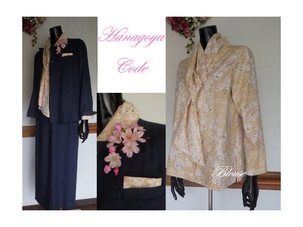 桜の和柄チーフ付きストールカラーのブラウス（ML）Hanagoya Code