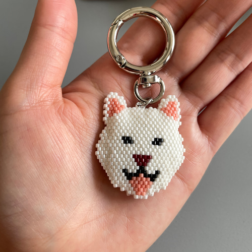 ビーズで編んだ ワンちゃん キーリング 柴犬 (白柴) キーホルダー
