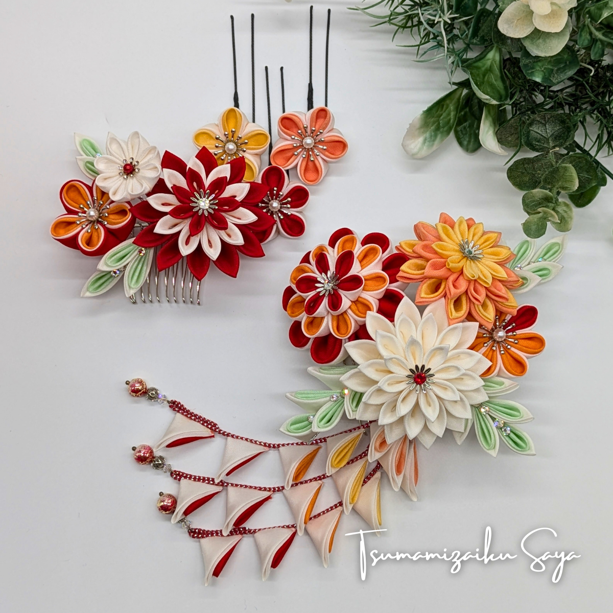 つまみ細工 髪飾り 成人式 前撮り 卒業式 赤 黄 オレンジ さがり コーム red-14