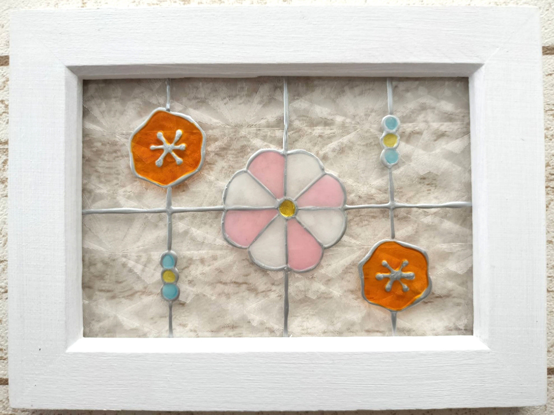 木製フレーム 花のモチーフ ステンドグラス