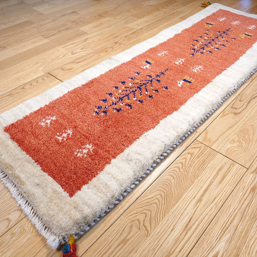 ペルシャ　ギャッベ　ミニランナー　113×45　ライトブラウン　山　生命の木 ペルシャ ギャッベ ミニランナー 細長いマット ラグ 113x43