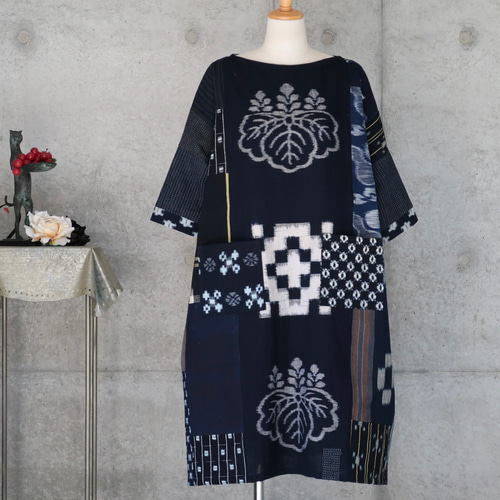 着物リメイク 絣 パッチワーク チュニックワンピース 着物リメイク 手作り かすりパッチワーク チュニック ワンピース