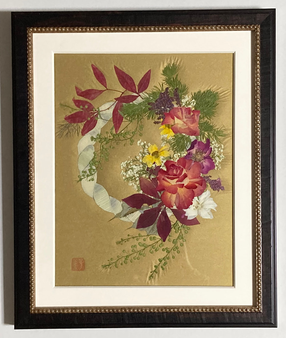 押し花アート「クリスマスリース」 清楚な青い薔薇のクリスマスリース 押し花アート額 神戸六甲