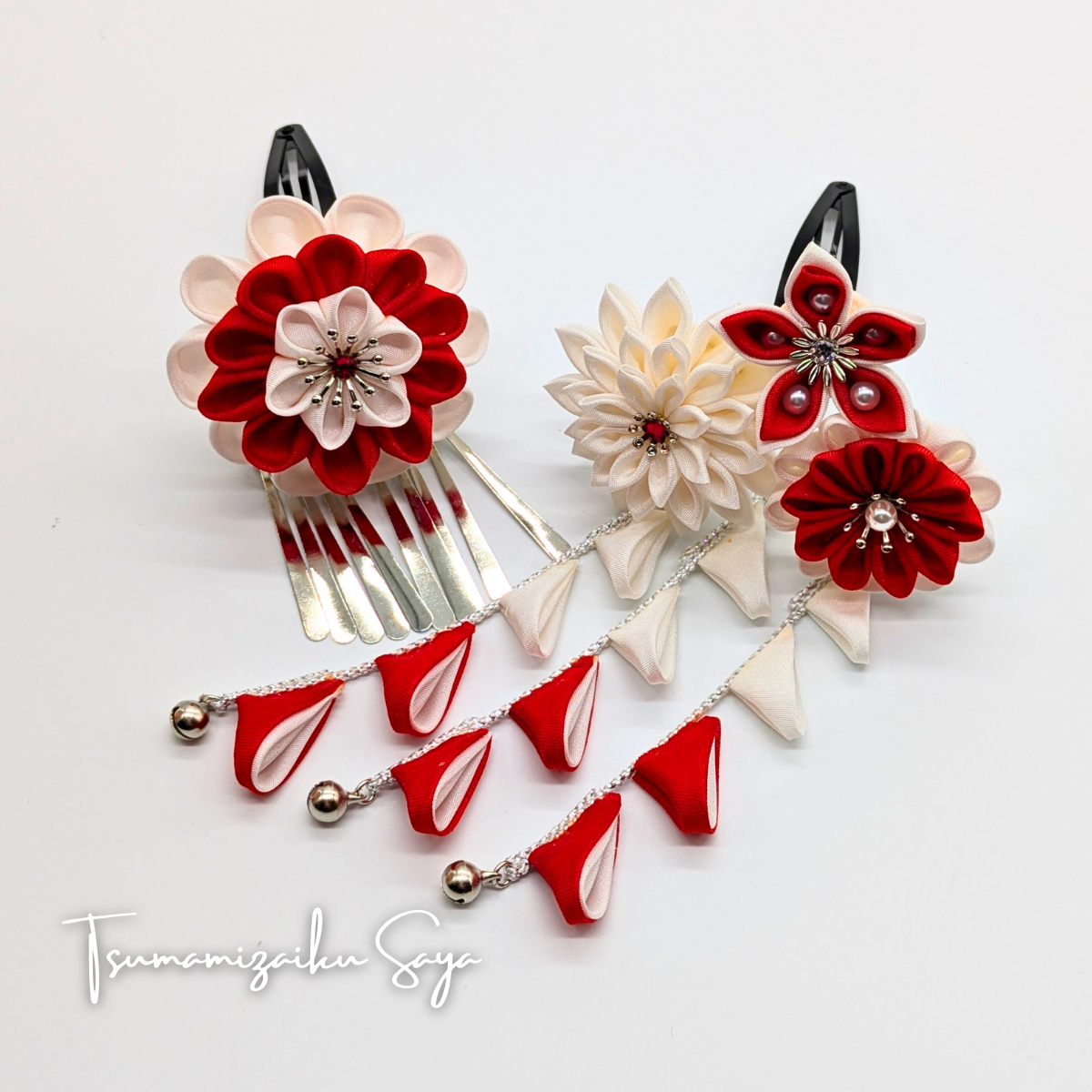 つまみ細工 髪飾り 七五三 白 赤 ピンク パッチンピン スリーピン さがり red-18