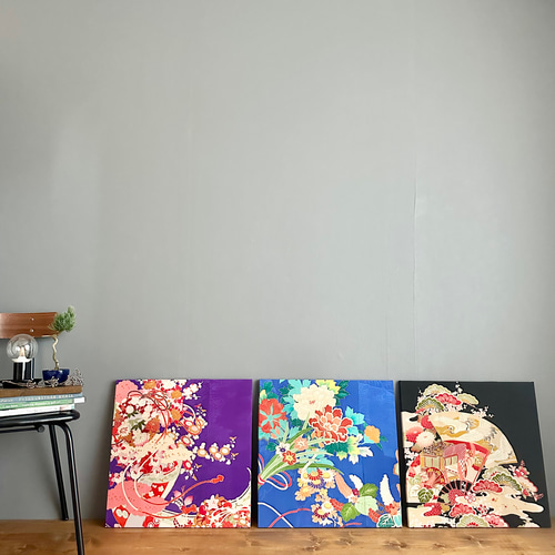 専用◽️002春 着物のファブリックパネル(3セット) サステティナブル 和モダン Antiques -青色- 50×50cm 着物のファブリックパネル 着物