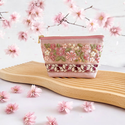 桜/インド刺繍◇外ポケット付きマチ付きポーチ/マルチポーチ【S