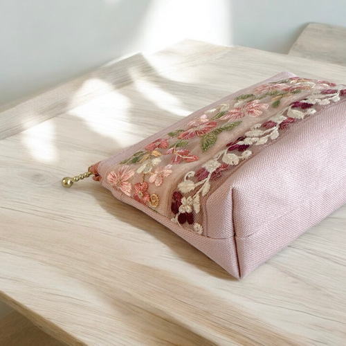 桜/インド刺繍◇外ポケット付きマチ付きポーチ/マルチポーチ【S