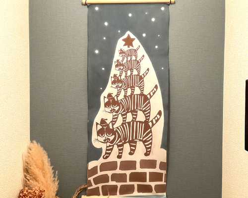 クリスマスにゃんツリー/手染め/てぬぐい/猫/和晒 ハンカチ・手ぬぐい