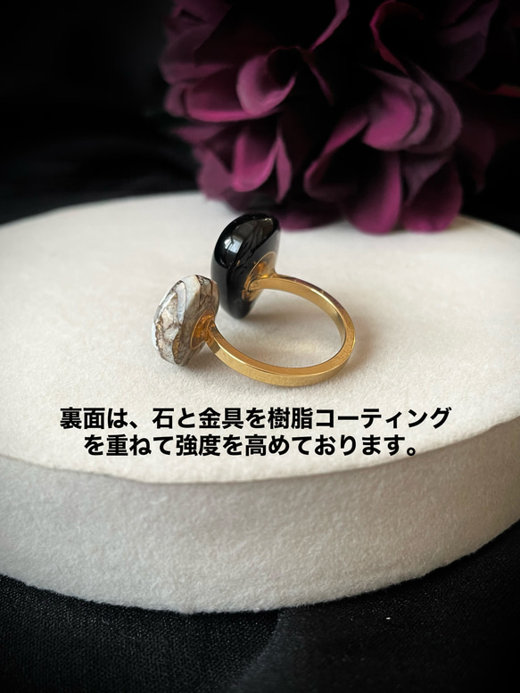 〈褒められリング〉 青と黄色　ブルータイガーアイ＋クリスタル×イエローカルセドニーフォークリング 3枚目の画像