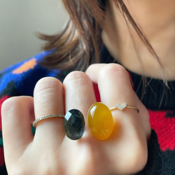 〈褒められリング〉 青と黄色　ブルータイガーアイ＋クリスタル×イエローカルセドニーフォークリング 7枚目の画像