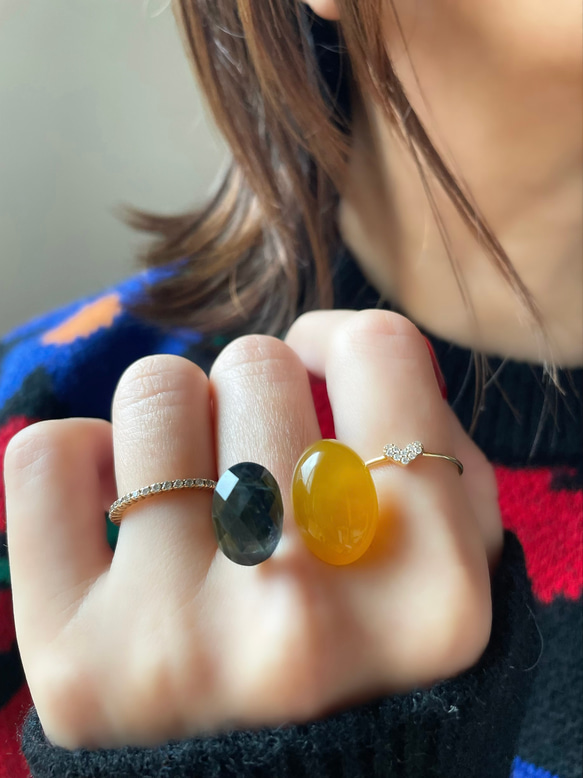 〈褒められリング〉 青と黄色　ブルータイガーアイ＋クリスタル×イエローカルセドニーフォークリング 7枚目の画像