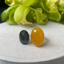 〈褒められリング〉 青と黄色　ブルータイガーアイ＋クリスタル×イエローカルセドニーフォークリング 15枚目の画像