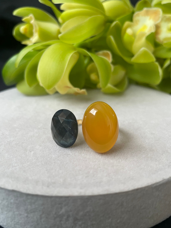 〈褒められリング〉 青と黄色　ブルータイガーアイ＋クリスタル×イエローカルセドニーフォークリング 15枚目の画像