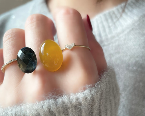 褒められリング〉 青と黄色 ブルータイガーアイ＋クリスタル×イエロー